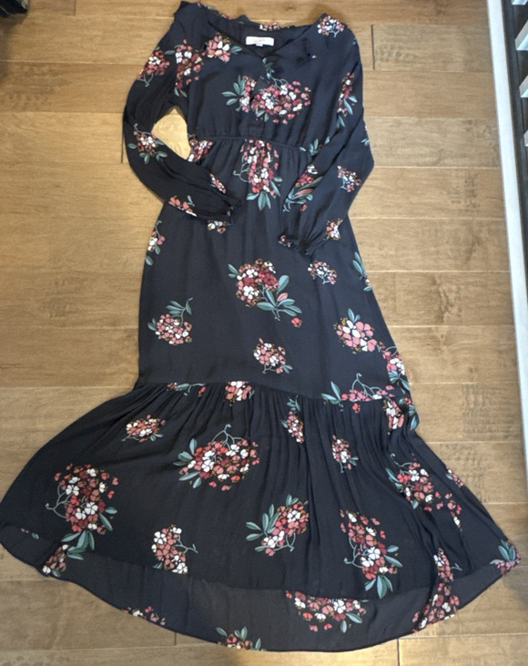LOFT Dresses & Skirts - LOFT Floral Smocked Ruffle Maxi Dress Gray Long Sleeve Style 404708 Fall 2019 M